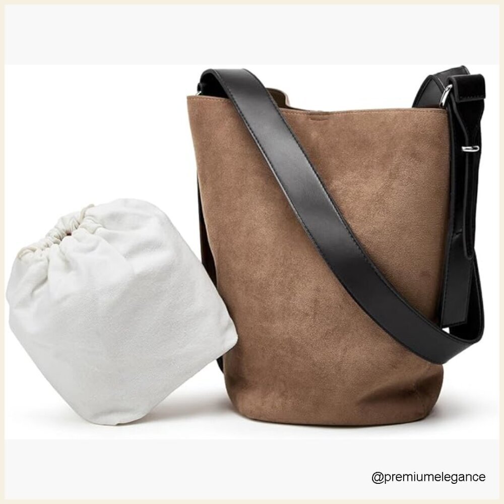Large Vegan Leather Suede Hobo Bucket Tote Bag with Shoulder Strap